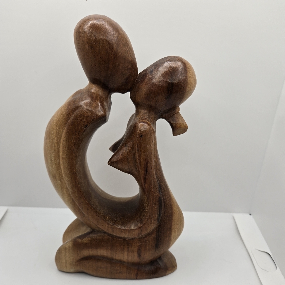 Hand Carved Wooden Abstract Couple Kissing Modern Wood Sculpture